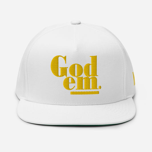 Godem Flat Bill Cap (White/Gold) Flat Embroidery